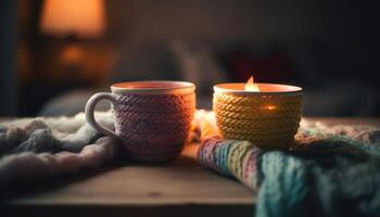 acolhedor inverno noite quente chocolate, luz de velas, e de lã cobertores gerado de ai foto