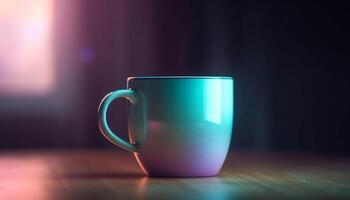 quente café dentro azul caneca em de madeira mesa, vapor Aumentar gerado de ai foto