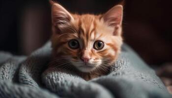 fofo gengibre gatinho encarando às Câmera com brincalhão curiosidade gerado de ai foto