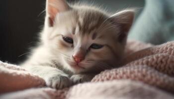 fofa gatinho dormindo em cama, encarando com brincalhão charme gerado de ai foto