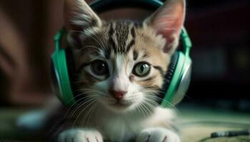 fofa gatinho ouvindo para música com fones de ouvido, brincalhão e Diversão gerado de ai foto