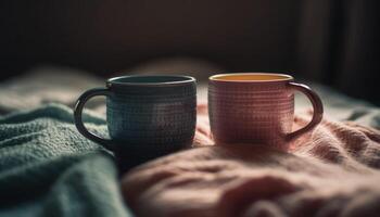 caucasiano adulto segurando quente capuccino, desfrutando final de semana relaxamento dentro de casa gerado de ai foto