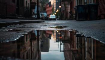 pingos de chuva borrão cidade luzes, refletindo velho arquitetura dentro molhado ruas gerado de ai foto