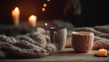 a acolhedor inverno noite estava iluminado de luz de velas e lanternas gerado de ai foto