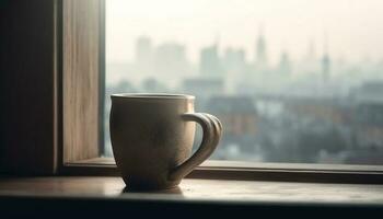 olhando através janela, café copo em janela peitoril, paisagem urbana fundo gerado de ai foto