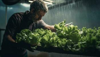 1 homem segurando fresco orgânico salada, trabalhando em Fazenda ao ar livre gerado de ai foto