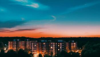 silhueta do arranha-céus contra brilhante azul crepúsculo céu, cidade vida gerado de ai foto