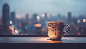 quente café dentro uma caneca, cidade Horizonte desfocado lado de fora janela gerado de ai foto