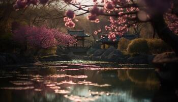 cereja Flor árvore reflete dentro tranquilo lago, japonês cultura beleza gerado de ai foto