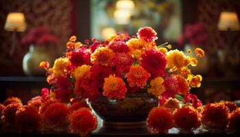 uma vibrante ramalhete do multi colori flores dentro uma decorativo vaso gerado de ai foto