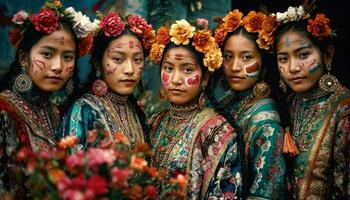 sorridente mulheres dentro tradicional roupas comemoro lindo tradicional festivais ao ar livre gerado de ai foto