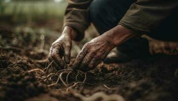1 homem, segurando plantar, trabalhando em fazenda, cercado de natureza gerado de ai foto