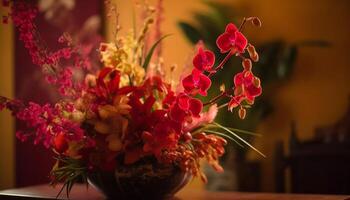 uma solteiro orquídea dentro uma brilhante vaso traz romance casa gerado de ai foto