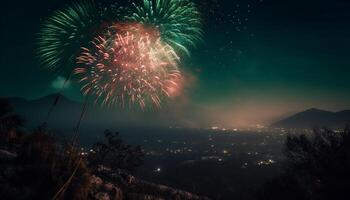 explosivo fogos de artifício iluminar a Sombrio noite céu dentro celebração gerado de ai foto