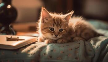 uma encantador gatinho em repouso em uma confortável cama, olhando brincalhão gerado de ai foto