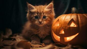 uma fofa gatinho tocam com uma assustador abóbora lanterna decoração gerado de ai foto