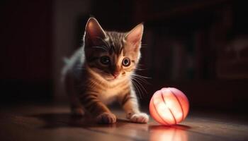 uma brincalhão listrado gatinho com uma amarelo bola dentro de casa jogando gerado de ai foto