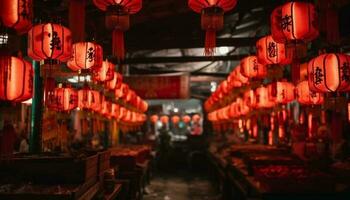 vibrante papel lanternas iluminar antigo chinês cultura dentro Pequim Chinatown gerado de ai foto