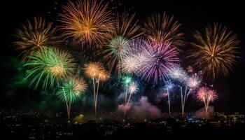 quarto do Julho celebração inflama vibrante fogo de artifício exibição às crepúsculo gerado de ai foto