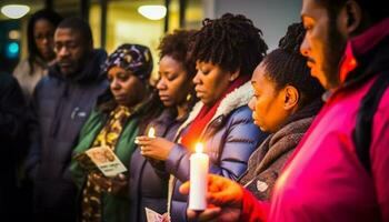 africano americano família comemora Natal com luz de velas, amor, e união gerado de ai foto