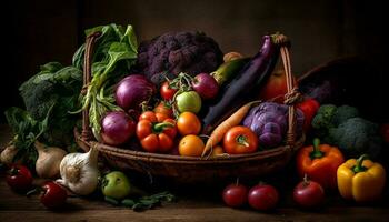 fresco orgânico legumes dentro uma rústico cesta para saudável comendo gerado de ai foto