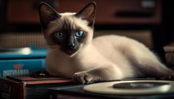 uma encantador gatinho com azul olhos encarando às a Câmera gerado de ai foto