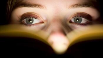 1 jovem mulher estudando literatura, segurando livro, olhando acima gerado de ai foto