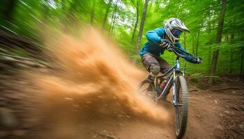 muscular motociclista raças através molhado floresta dentro extremo motocross campeonato gerado de ai foto