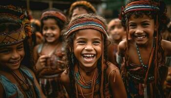 uma grupo do alegre crianças dentro tradicional roupas jogando ao ar livre gerado de ai foto