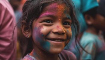 alegre crianças comemoro tradicional festival com colorida face pintura ao ar livre gerado de ai foto