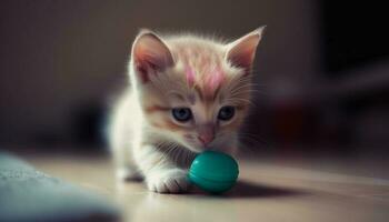 fofa gatinho jogando com azul bola, foco em primeiro plano Diversão gerado de ai foto