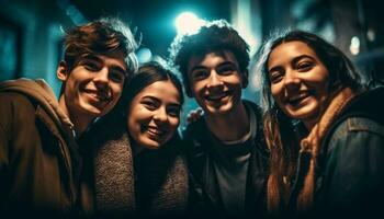 uma multi étnico grupo do jovem adultos apreciar vida noturna juntos gerado de ai foto