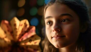 fofa menina sorridente, olhando às Câmera, desfrutando Natal decorações dentro de casa gerado de ai foto