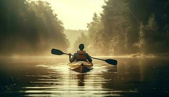 dois pessoas remar uma canoa, desfrutando beleza dentro natureza gerado de ai foto