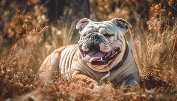 fofa buldogue cachorro goza brincalhão ao ar livre Prado andar, língua Fora gerado de ai foto