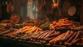 grelhado carne de porco e carne bovina, defumado salame uma gourmet churrasco gerado de ai foto