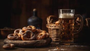 uma rústico pretzel pilha, pronto para comer com uma frio Cerveja gerado de ai foto