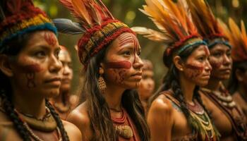 indígena mulheres comemoro tradicional festival ao ar livre com multi colori cocares e dançando gerado de ai foto