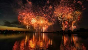 explosivo celebração inflama vibrante cores dentro verão fogo de artifício exibição gerado de ai foto