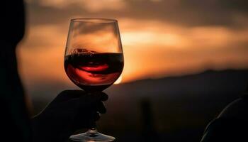 romântico silhueta segurando copo de vinho, desfrutando pôr do sol às Vinhedo celebração gerado de ai foto