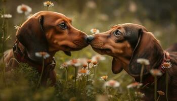 uma fofa dachshund cachorro jogando dentro uma Prado do flores silvestres gerado de ai foto