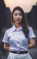 lindo ásia tailandês Faculdade mulher vestindo universidade roupa, generativo ai foto