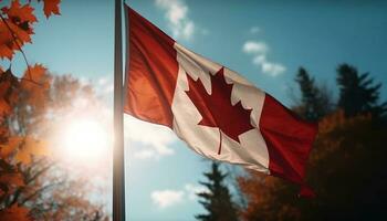 canadense bandeira acenando dentro outono bordo árvore floresta gerado de ai foto