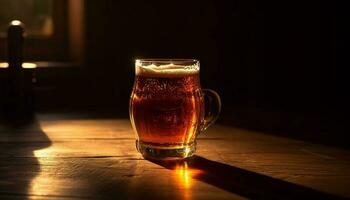 espumoso Cerveja dentro ouro cerveja vidro ilumina bar gerado de ai foto