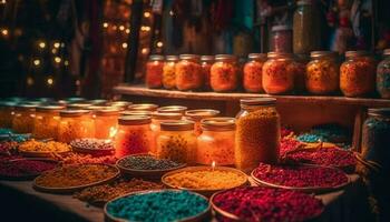 multi colori frascos do especiarias decorar indiano cozinha gerado de ai foto
