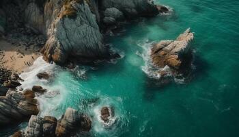 majestoso penhasco, erodido pedra, quebra onda beleza gerado de ai foto