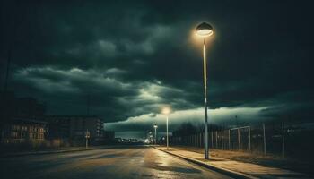 brilhando rua luzes iluminar a Sombrio paisagem urbana gerado de ai foto