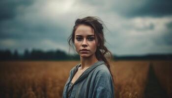 jovem mulher dentro natureza, beleza dentro solidão gerado de ai foto