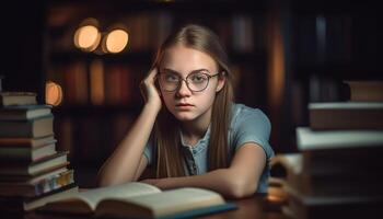 jovem adulto estudando literatura dentro de casa às biblioteca gerado de ai foto