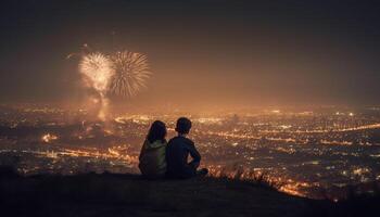 família abraços amor e alegria debaixo fogos de artifício gerado de ai foto